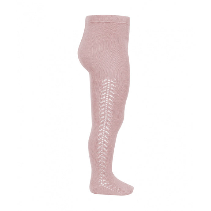 A very special  pair of tights, featuring an exquisite openwork crochet design on the sides.Very good quality. Warm, ideal for Autumn and Winter.  Made in Spain by Condor. Pale Pink 526