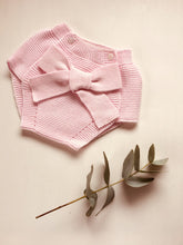 Adorable baby bloomers with a big bow, knitted in blush pink colour with 100% of the softest cotton.