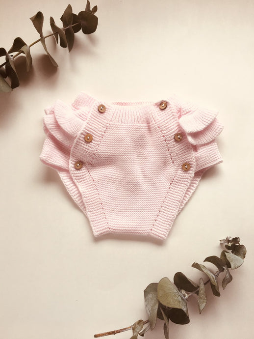 Adorable baby frill bloomers, knitted in Blush Pink with 100% of the softest cotton.