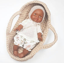 This cosy bonnet is hand knitted in Europe, specially designed for the 34 cm dolls, but can fit dolls around 32 - 38 cm (12 - 15 inch) Miniland, Minikane, Paola Reina Gordis and similar.