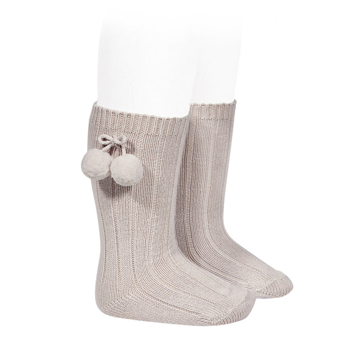 Warm cotton Rib Knee-High Socks with Pom-poms- Stone
