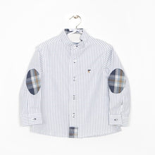 White with blue stripes shirt with elbow patches