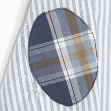 White with blue stripes shirt with elbow patches