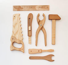 This hand-crafted Wooden Tools Set is incredible realistic and features tools with movable parts. Set includes: Saw, Ruler, Hammer, Box Cutters, Screwdriver, Wrench, Pliers and Linen travel / storage bag.  Montessori wooden toys. Poltora Stolyara. 